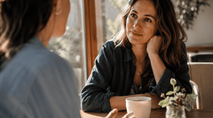 two people share warm eye contact during a cafe conversation