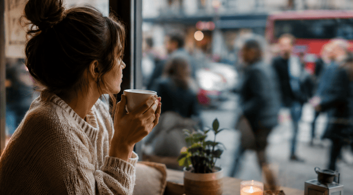 woman holds a warm cup while looking outside the busy street
